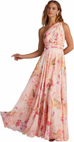 Chic One Shoulder Prom Dress – Pink Printed A-Line Evening Gown for Women