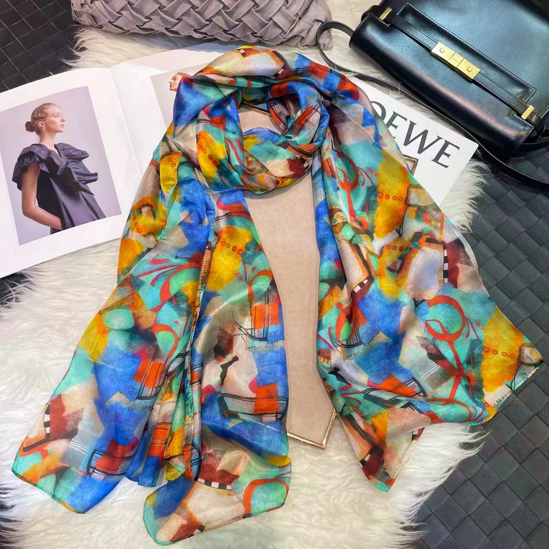 Elegant Blue Graffiti Silk Shawl – Neck & Head Scarf for All Seasons