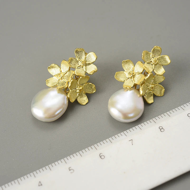 Lotus Fun Forget-Me-Not Flower Pearl Earrings – 925 Sterling Silver Elegance