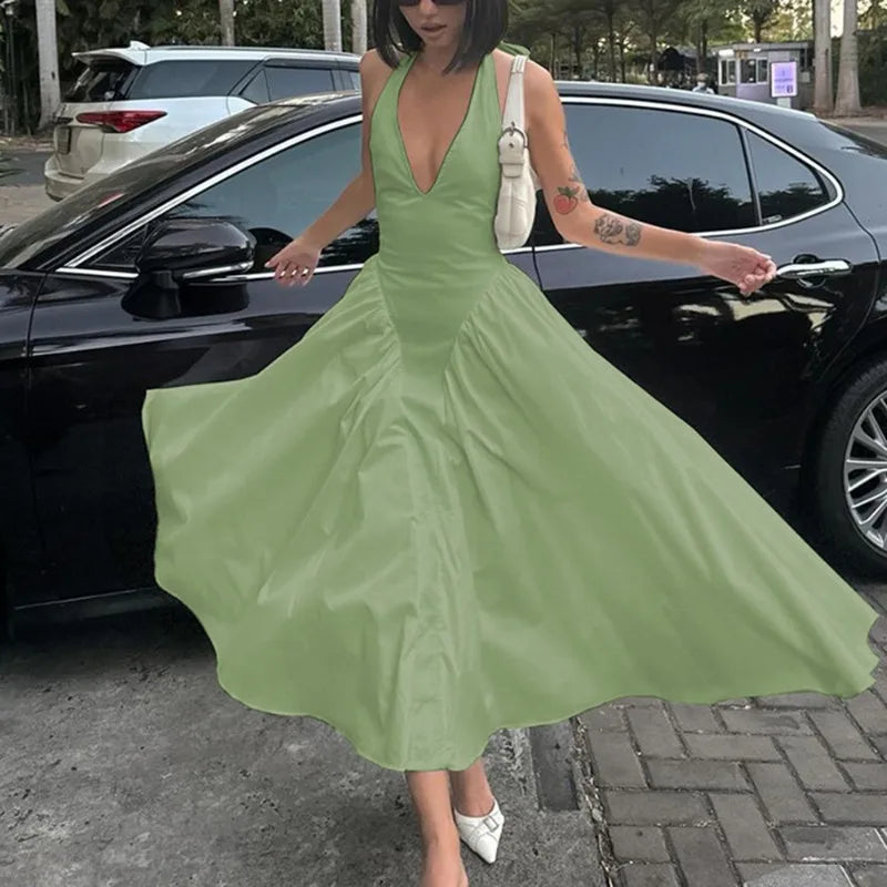 Talenza Summer Sleeveless Halter Dress – Elegant White Evening Gown