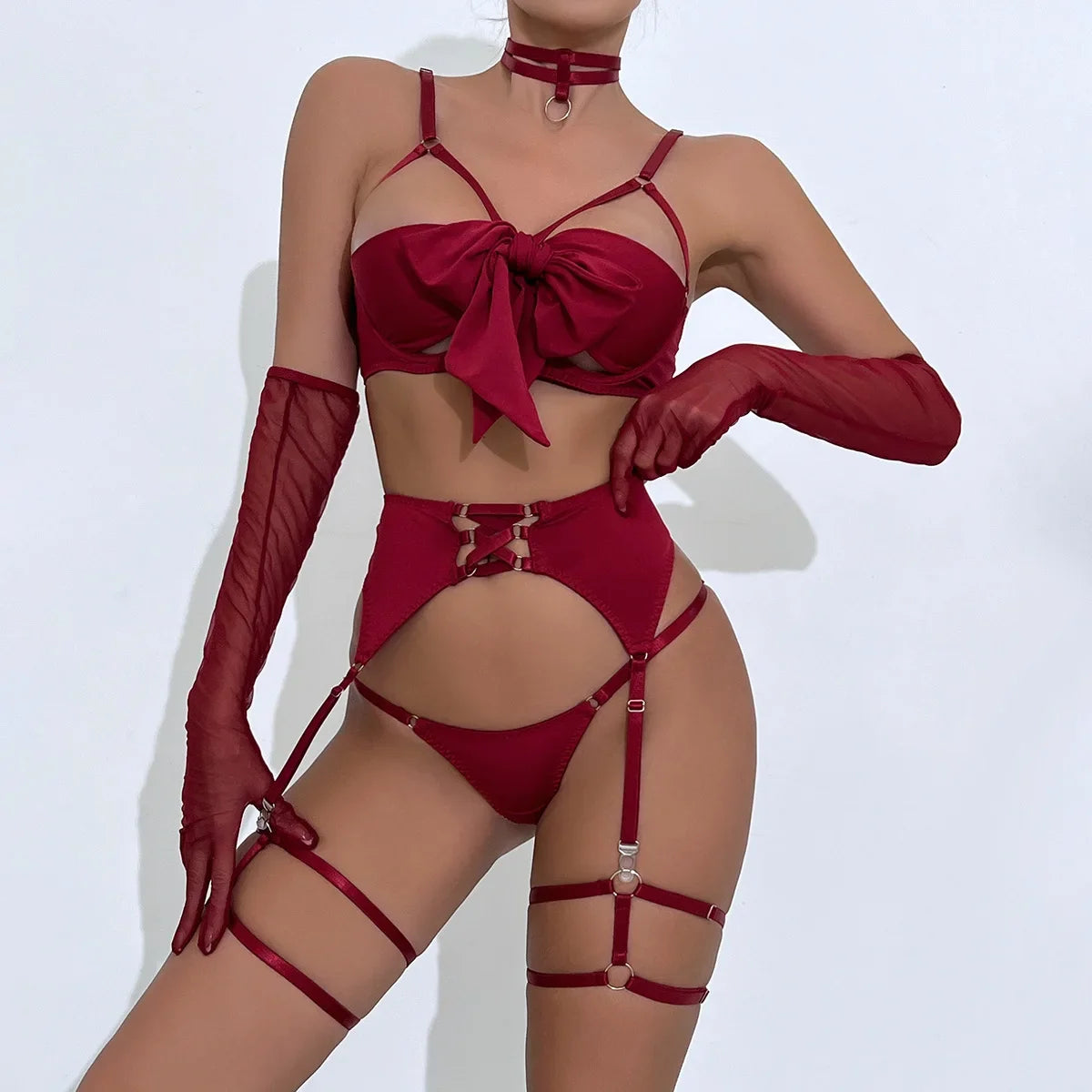 Seductive Black Lingerie Set – Erotic Bra, Belt & Hollowed Out 4-Piece Underwear