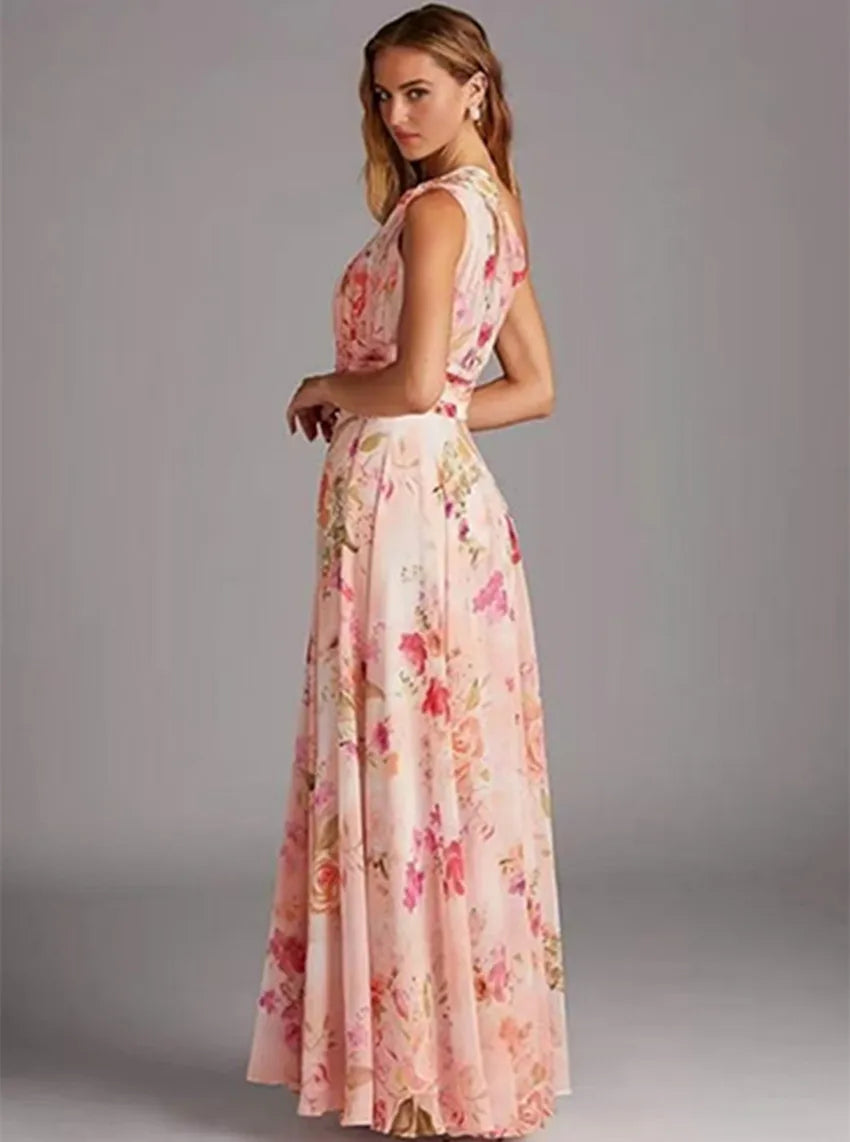 Chic One Shoulder Prom Dress – Pink Printed A-Line Evening Gown for Women