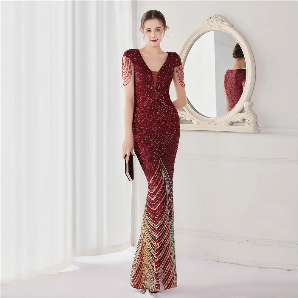 Glamorous Beaded Mermaid Evening Dress – Elegant V-Neck Silhouette for Women