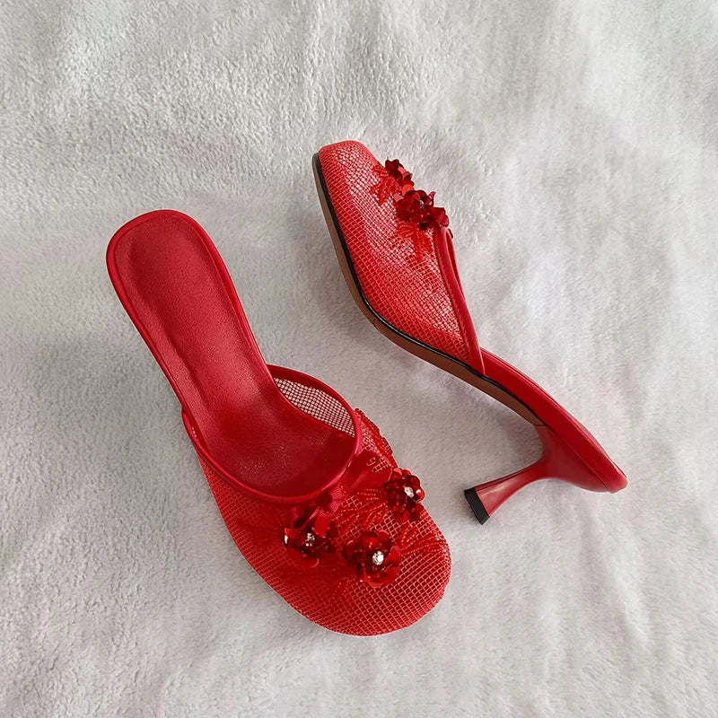 Sexy Thin Heel Flower Mesh Sandals – Summer Statement Slides for Women