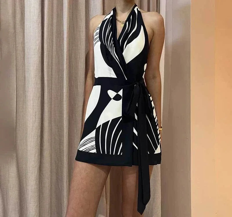 Sexy Halter Neck Backless A-Line Dress – Summer Club Print V-Neck Mini Dress 2024