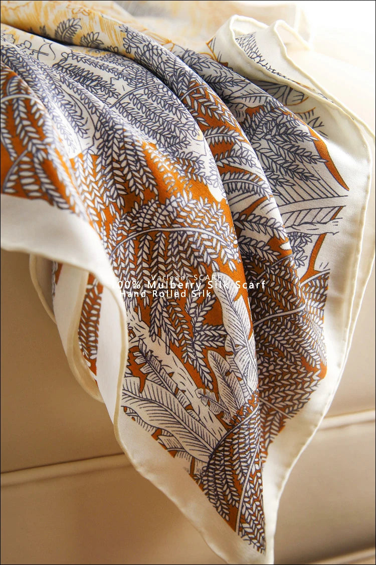 Luxury 110CM Silk Scarf for Women – Tropical Faubourg Print Head & Neck Shawl