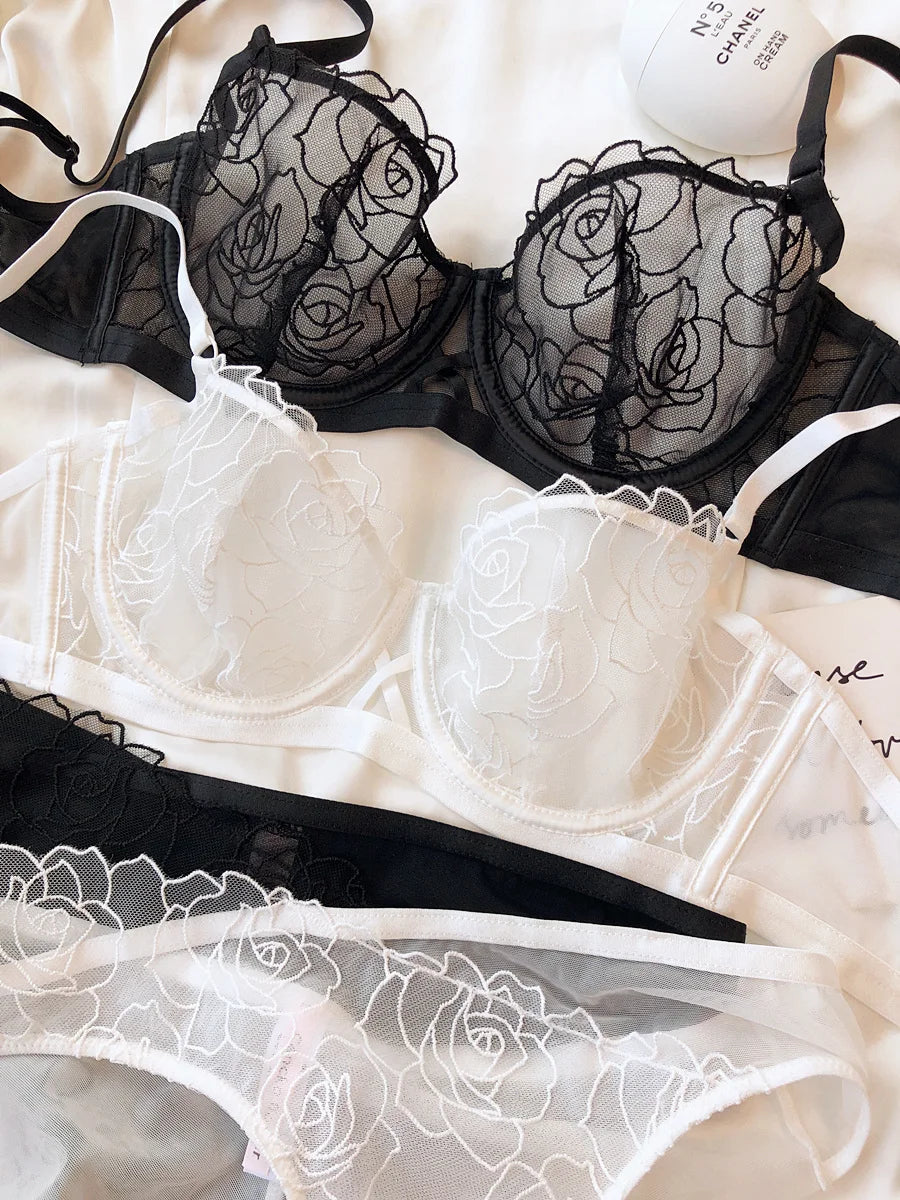 Rose Embroidery Plus Size Lingerie – Anti-Sagging Soft Steel Ring Bra Set for Women