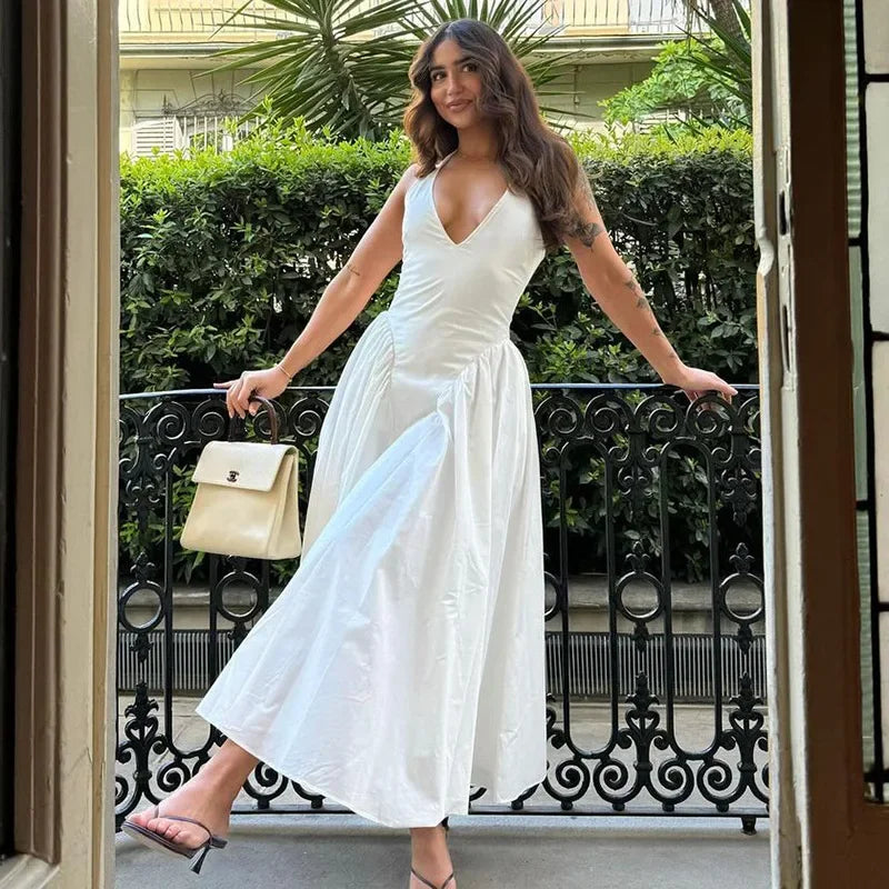 Talenza Summer Sleeveless Halter Dress – Elegant White Evening Gown