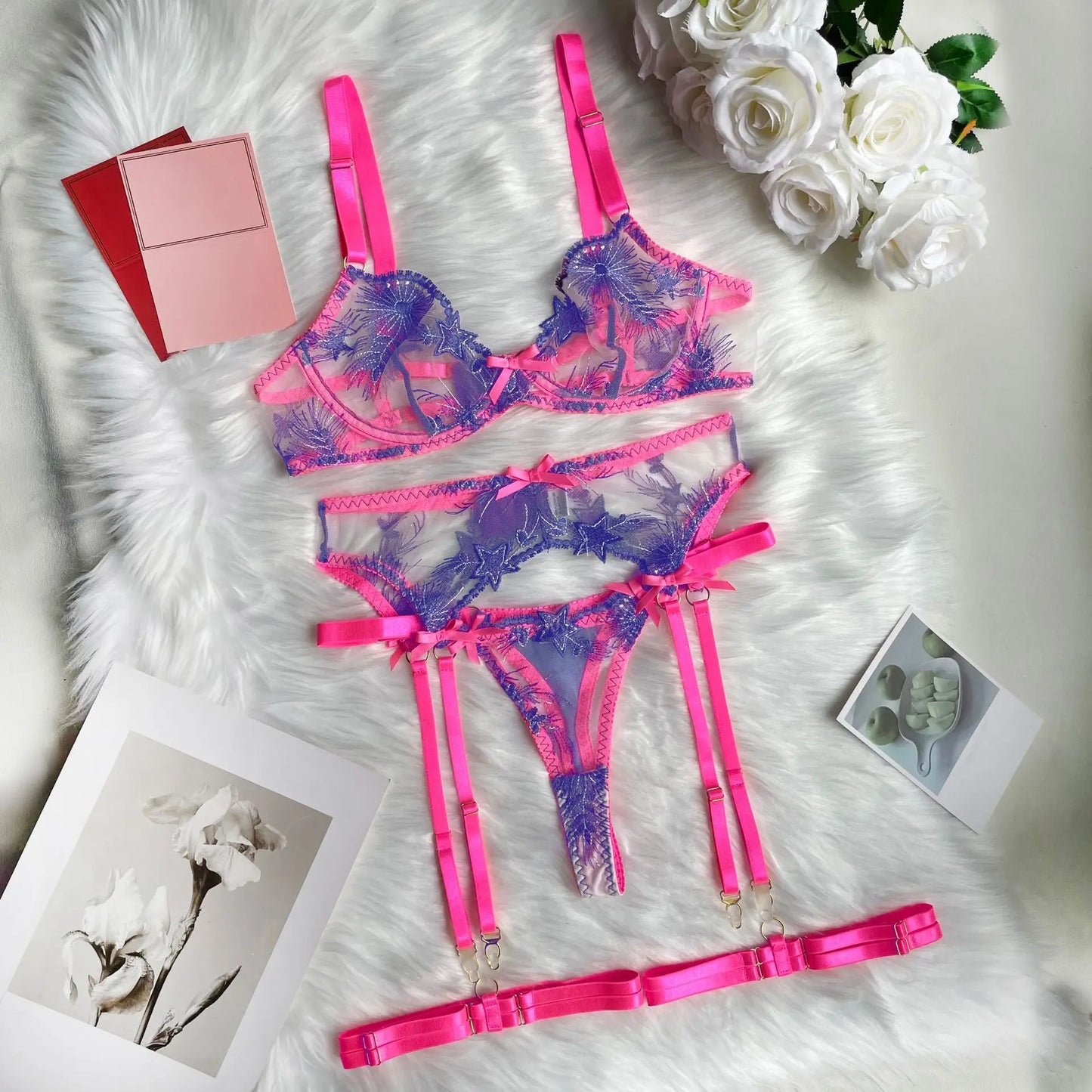 Floral Fantasy: Luxury See-Through Lingerie with Garter Belt