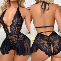 Women’s Sexy White Lace Crotchless Lingerie Set – Erotic Bra & Panty Hollow Teddy Babydoll Outfit