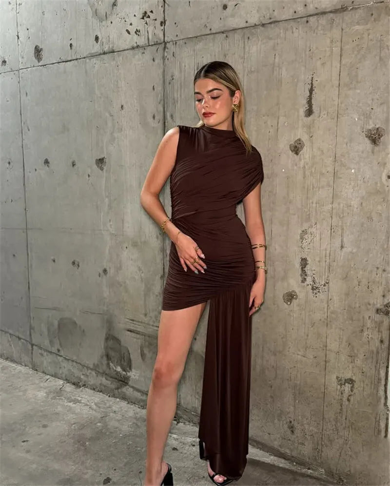High Waist Ruched Mini Dress – Turtleneck Sleeveless Party Look