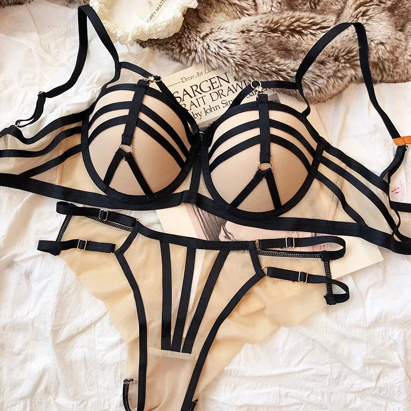 Supportive Lace Bra & Panty Set – Straps Gathered Anti-Sagging Soft Steel Ring Underwear