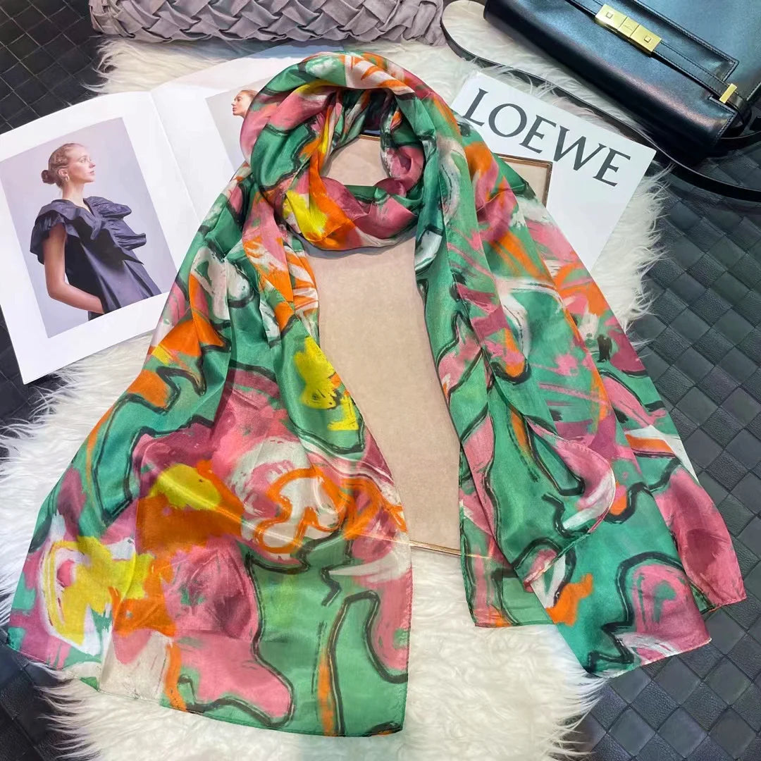 Elegant Blue Graffiti Silk Shawl – Neck & Head Scarf for All Seasons