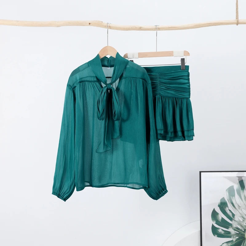 Women's Elegant Two-Piece Outfit – Lace-Up Blouse & Flowy Pleated Skirt