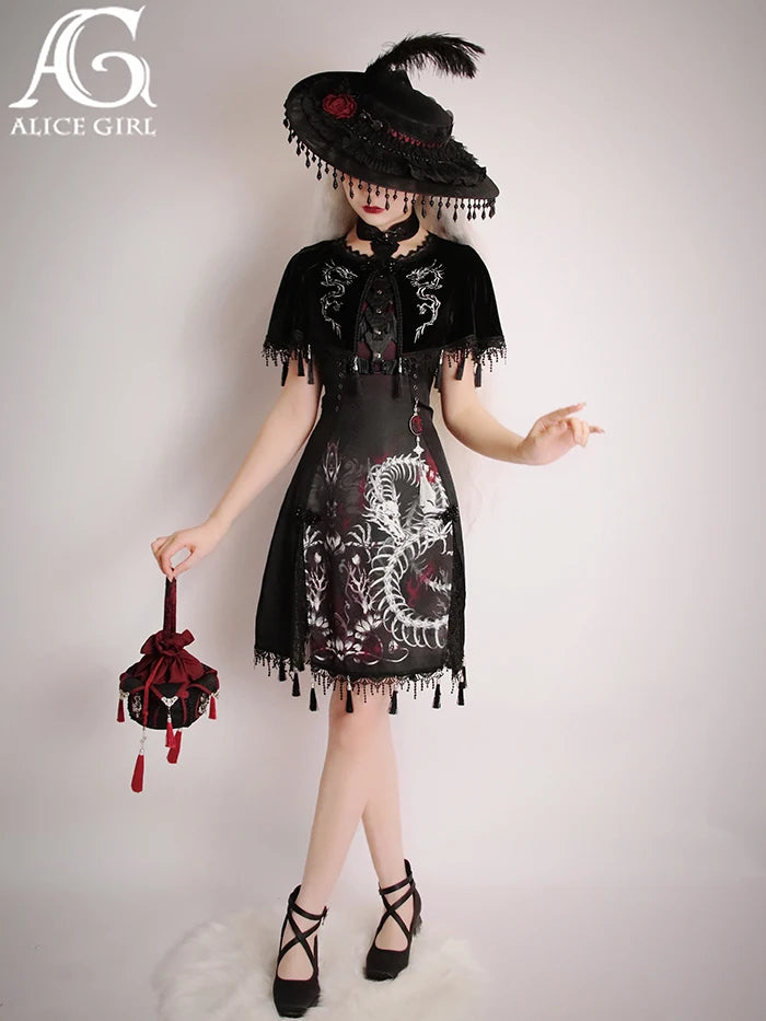 Original Alice Girl Dragon Print Dress – Light Lolita Gothic Punk Slip Dress
