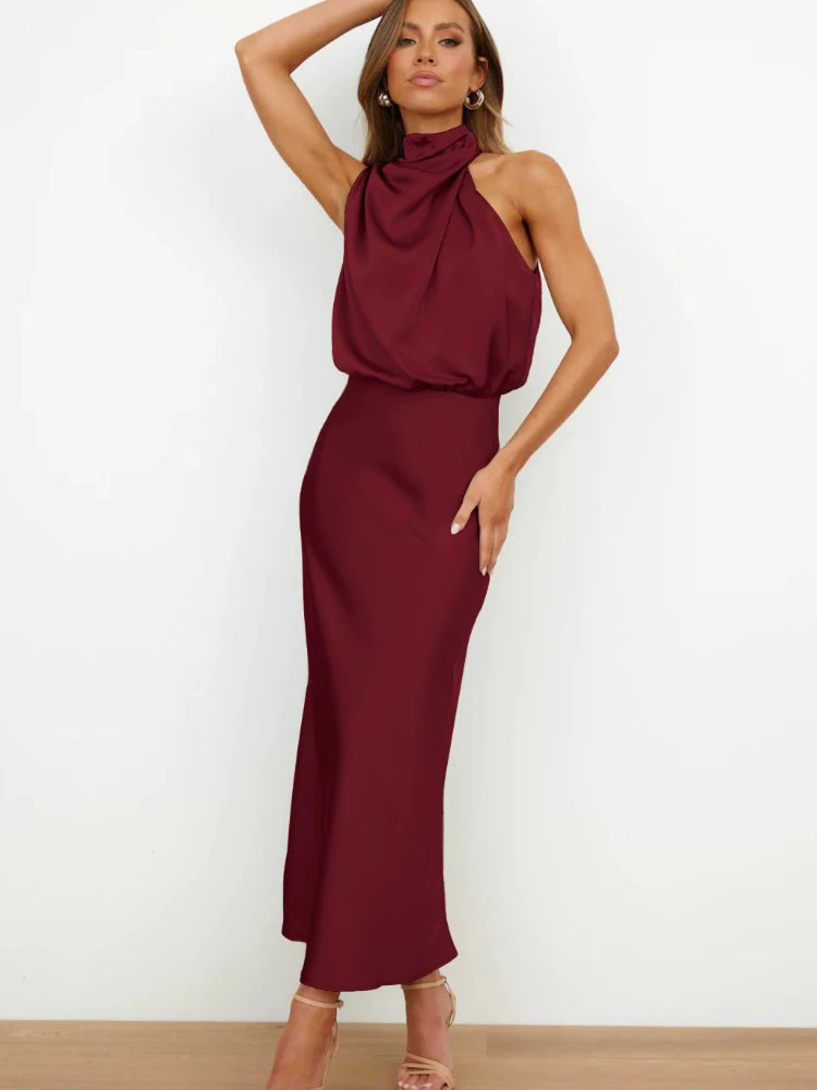 Luxury Satin Party Dress – Sleeveless Long Gown for Women’s Evening Events