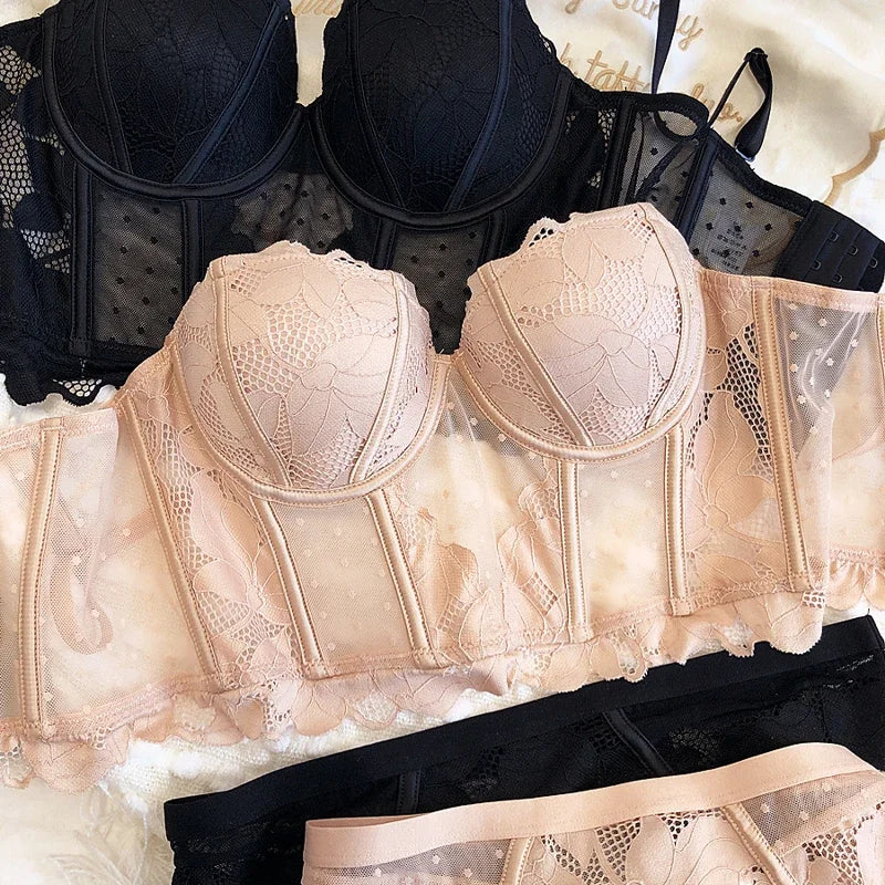Black Mesh Dot Lace Underwear – 2-Piece Push Up Bra & Panty Set