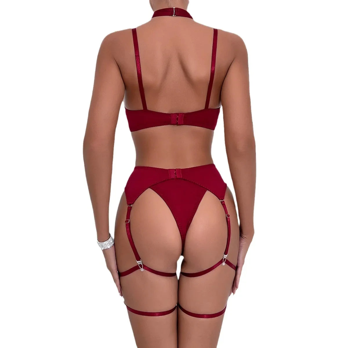 Seductive Black Lingerie Set – Erotic Bra, Belt & Hollowed Out 4-Piece Underwear