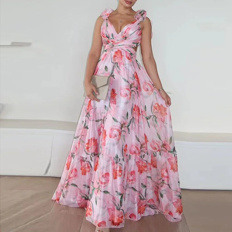 Floral Chiffon Ruffle Swing Dress – Sexy V-Neck Hollow Backless Summer Dress for Women