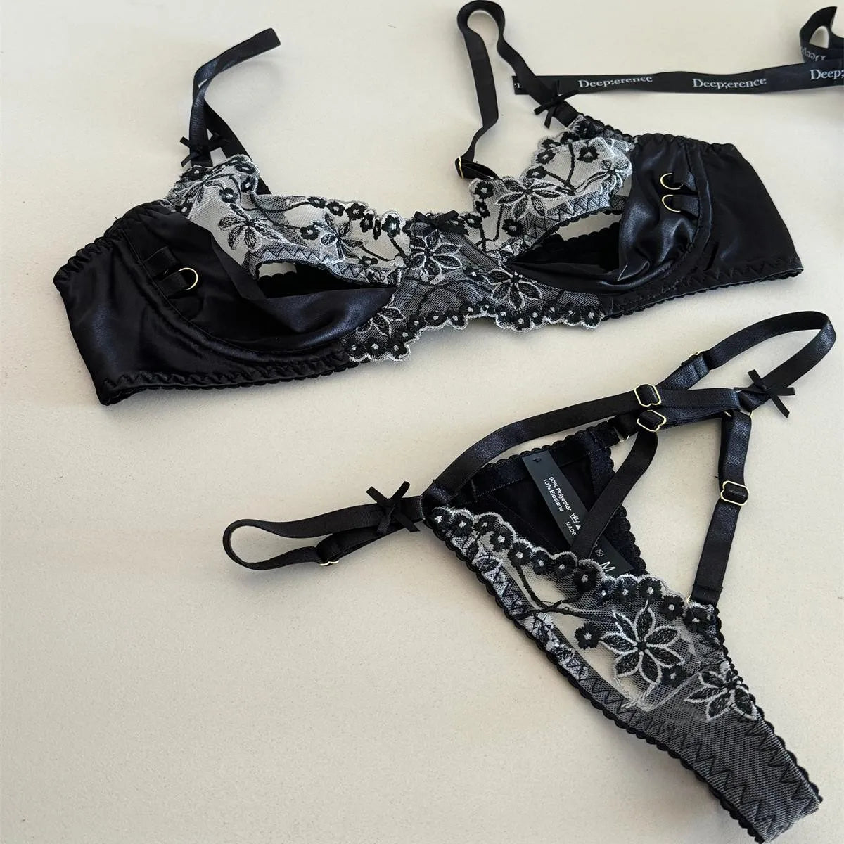 Silk Black Lace Halter Bra Set – Thin Steel Ring Top Support Lingerie for Women