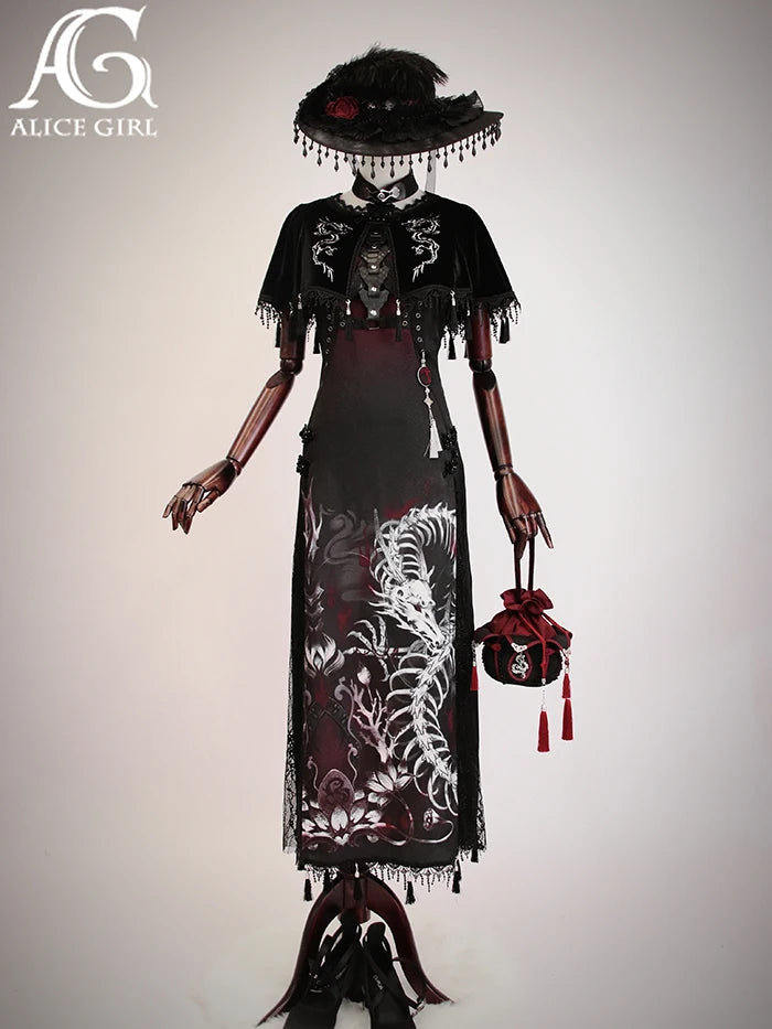 Original Alice Girl Dragon Print Dress – Light Lolita Gothic Punk Slip Dress