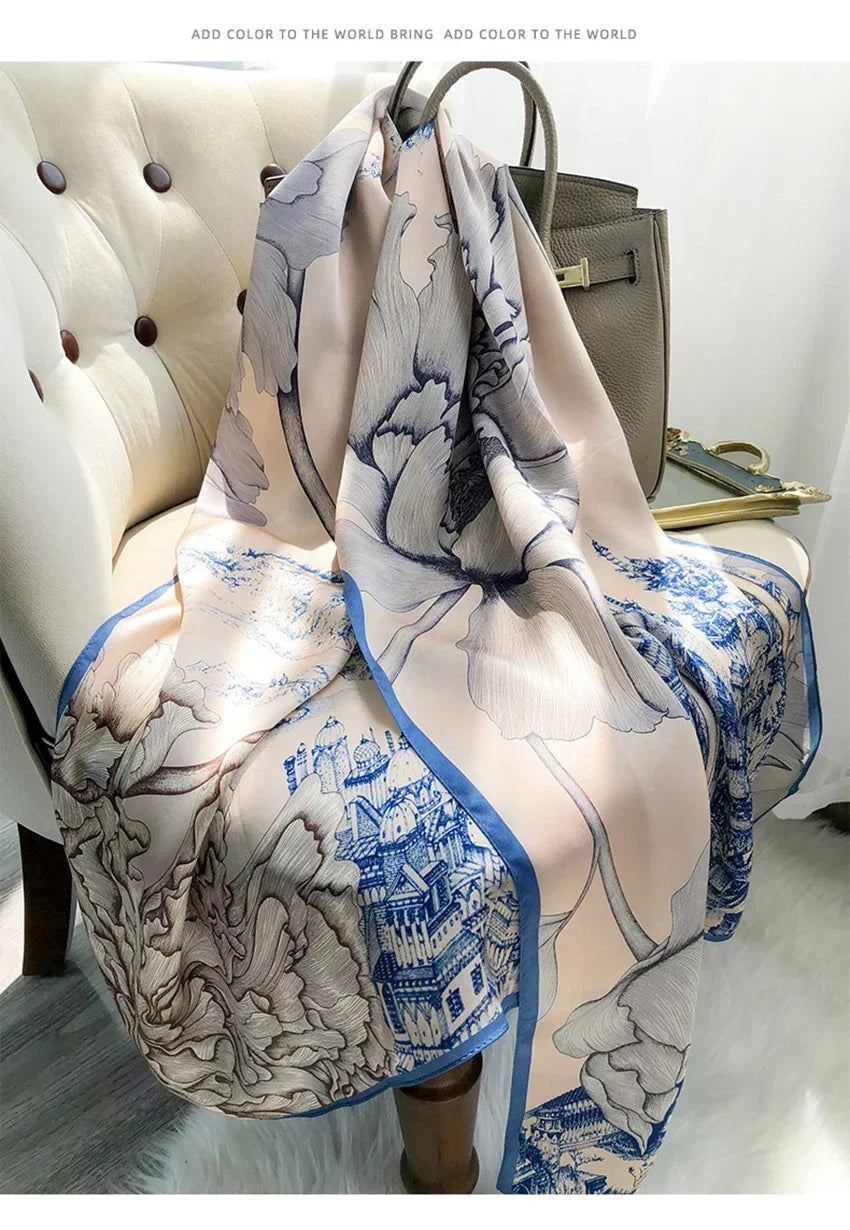Luxury Printed Pure Silk Scarf – Long Designer Wrap & Shawl for Women
