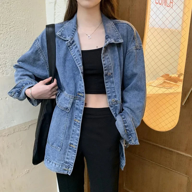 Versatile BF Fit Denim Jacket – Harajuku Casual Streetwear for Women