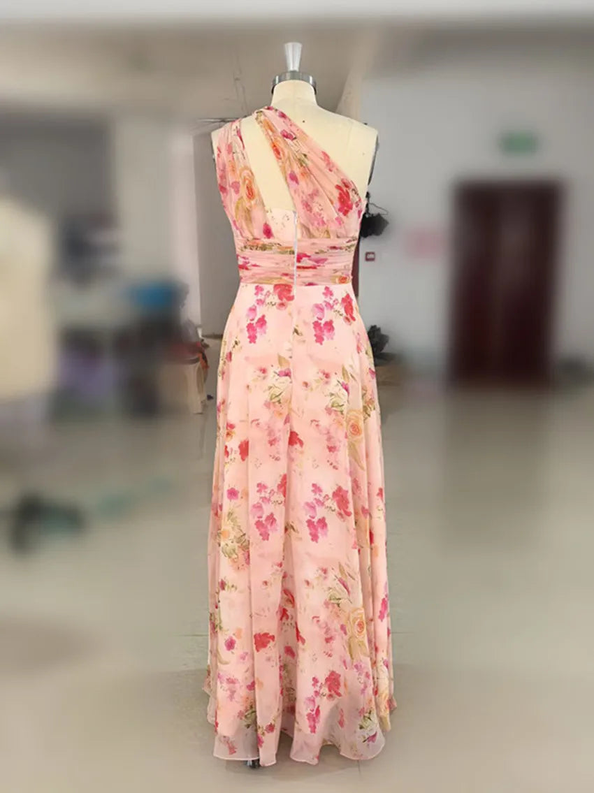 Chic One Shoulder Prom Dress – Pink Printed A-Line Evening Gown for Women