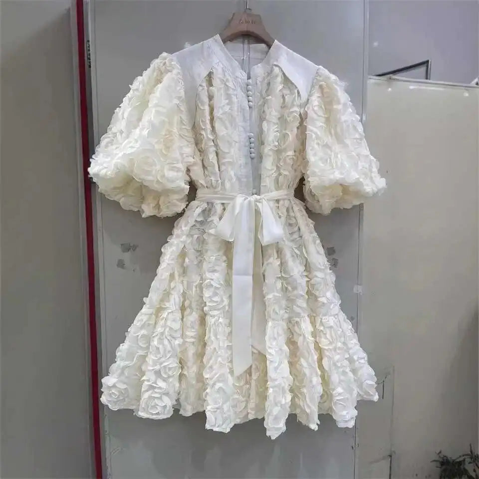 Blooming Grace – 3D Floral Bubble Sleeve Evening Dress