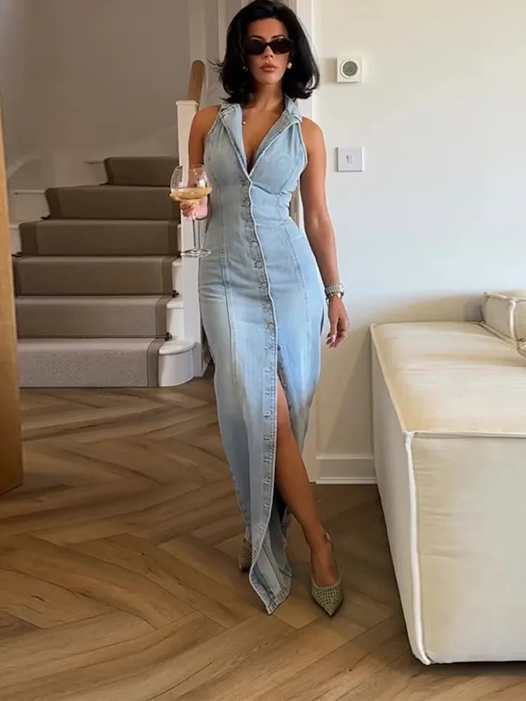 Women's Long Denim Dress – Turn-Down Collar & Single-Breasted Style