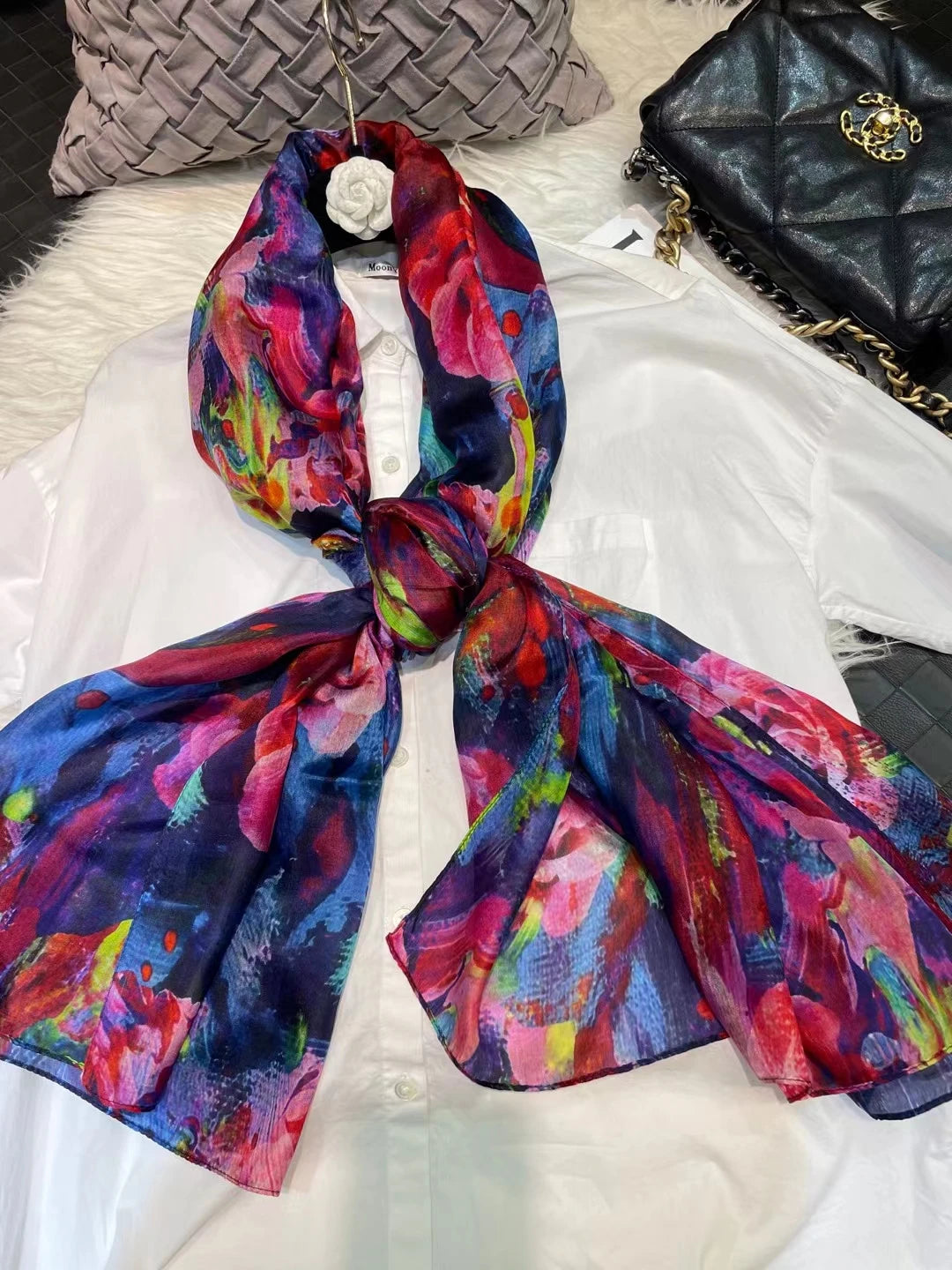 Elegant Blue Graffiti Silk Shawl – Neck & Head Scarf for All Seasons