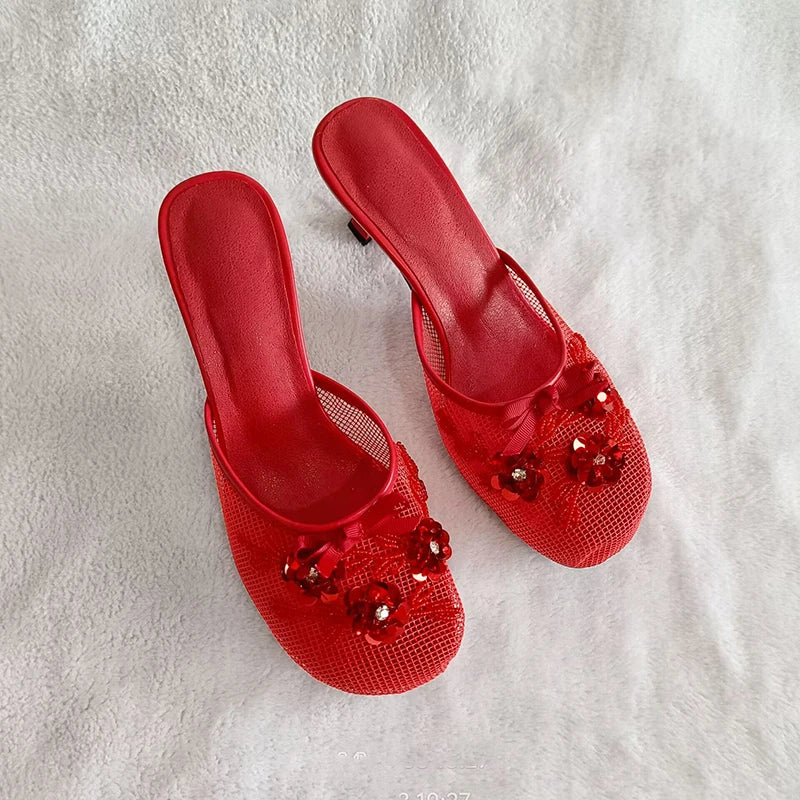 Sexy Thin Heel Flower Mesh Sandals – Summer Statement Slides for Women