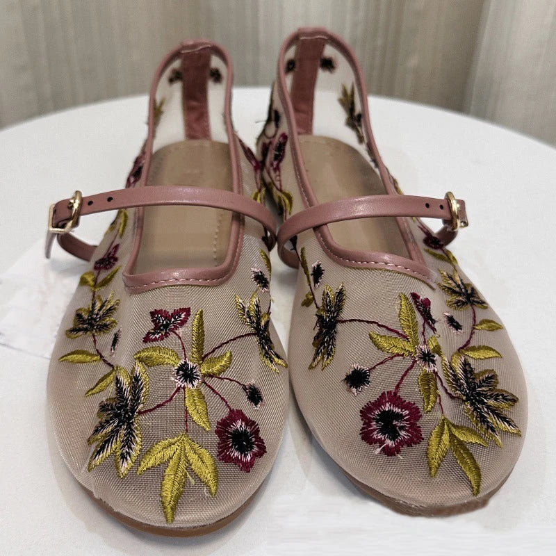 Elegant Round Toe Buckle Strap Mesh Flats – ZAROY Designer Women’s Footwear