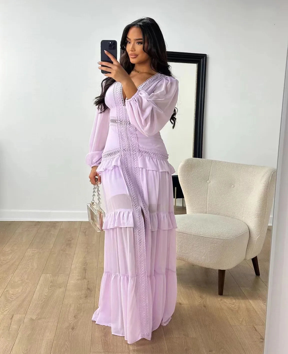 Elegant Ruffle Hollow-Out Maxi Dress – Summer Party Chic