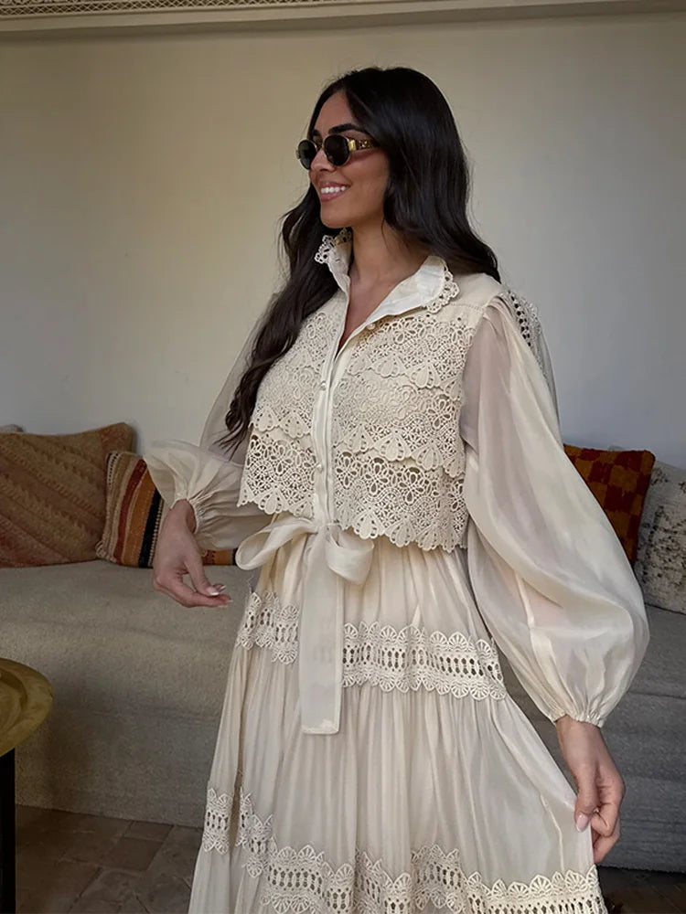 Elegant Hollow Out Floral Maxi Dress with Lantern Sleeves