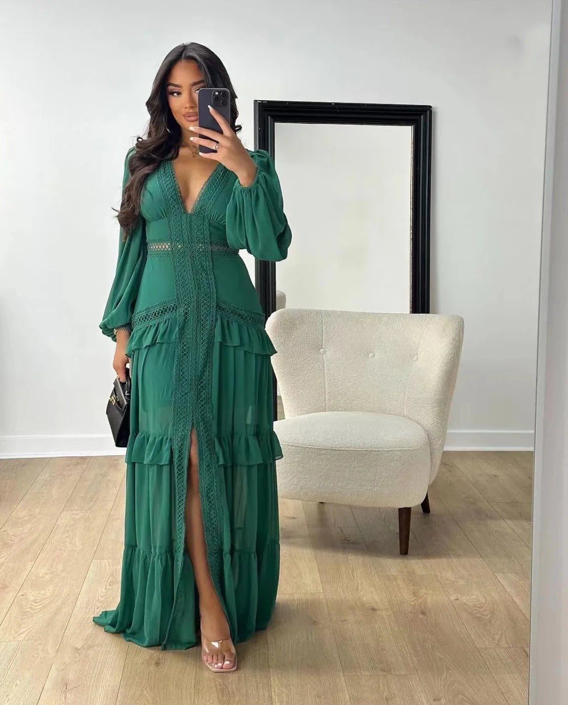 Elegant Ruffle Hollow-Out Maxi Dress – Summer Party Chic
