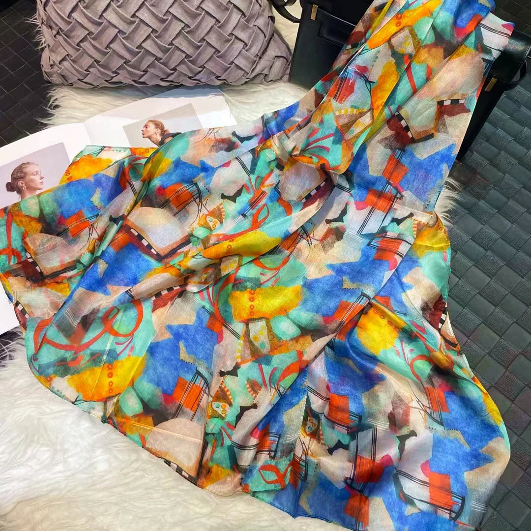 Elegant Blue Graffiti Silk Shawl – Neck & Head Scarf for All Seasons