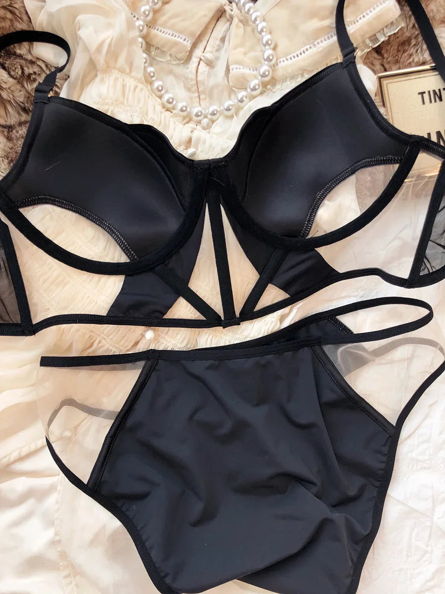 Spicy Girl Mesh Lingerie – Soft Steel Ring Gathered Bra Set for Large Breasts