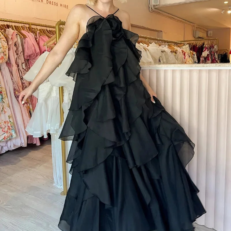 Women’s Sleeveless Pleated Tube Dress – 3D Flower Draped Evening Party Dress