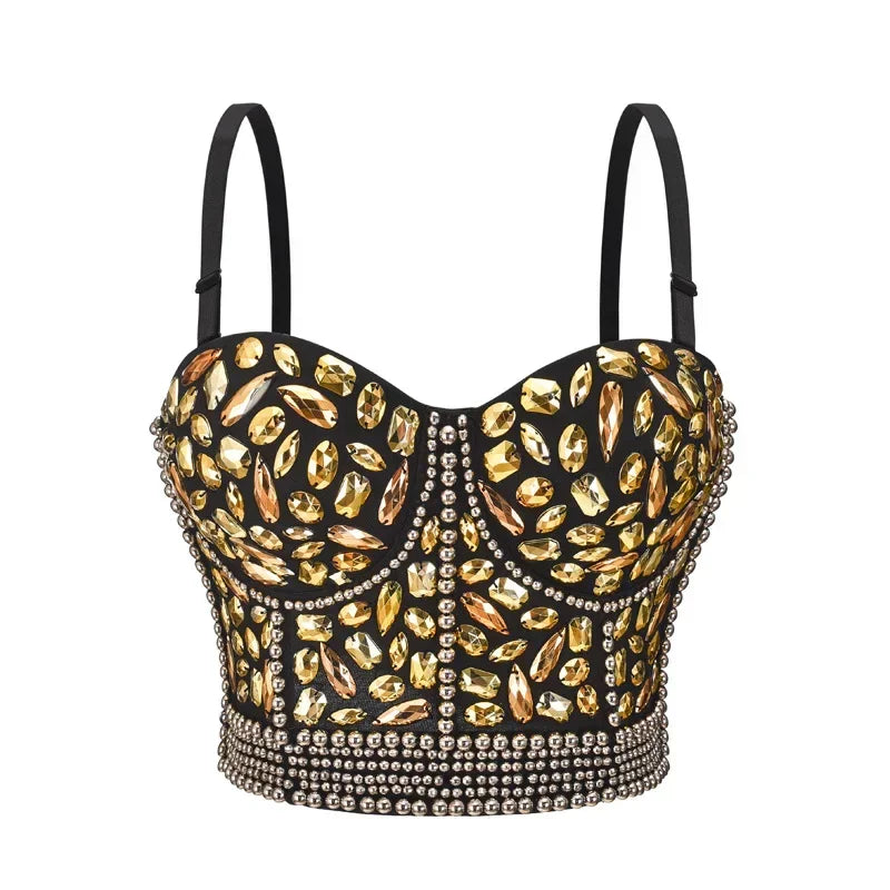 Women’s Luxury Bustier Crop Top – Rhinestone Beaded Push Up Bralette for Club & Rave