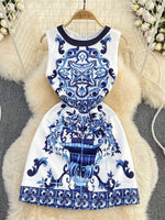Runway-Inspired Blue & White Floral Sleeveless Holiday Mini Dress