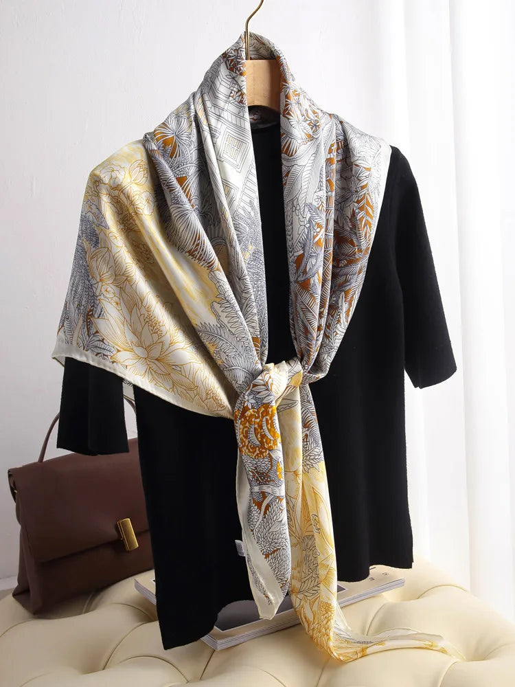 Luxury 110CM Silk Scarf for Women – Tropical Faubourg Print Head & Neck Shawl