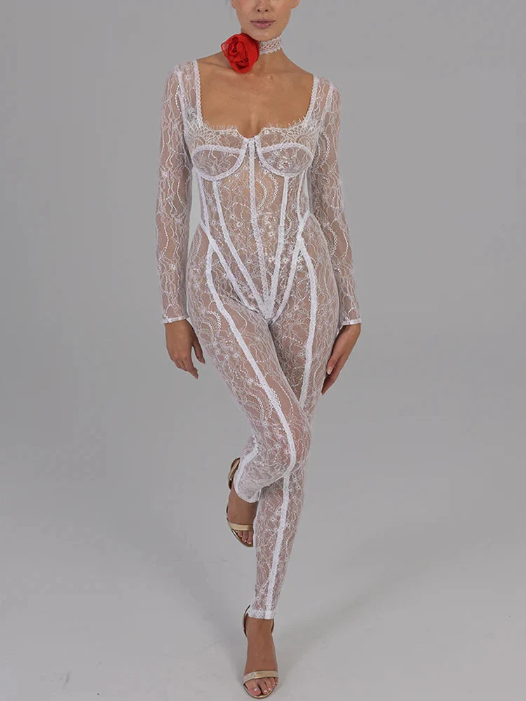 Sexy White Lace Jumpsuit – Fantoye Long Sleeve Club & Party Romper