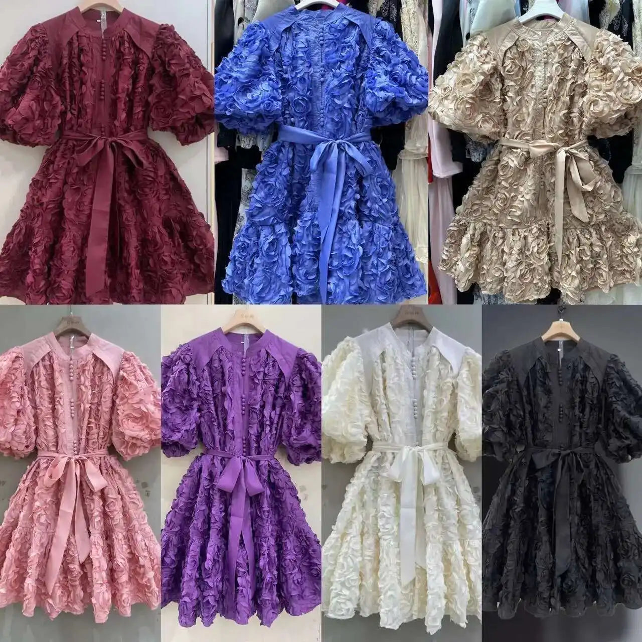 Blooming Grace – 3D Floral Bubble Sleeve Evening Dress