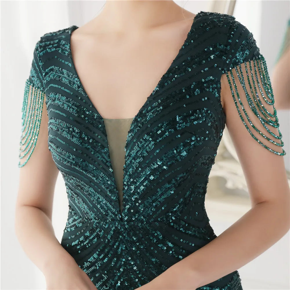 Glamorous Beaded Mermaid Evening Dress – Elegant V-Neck Silhouette for Women