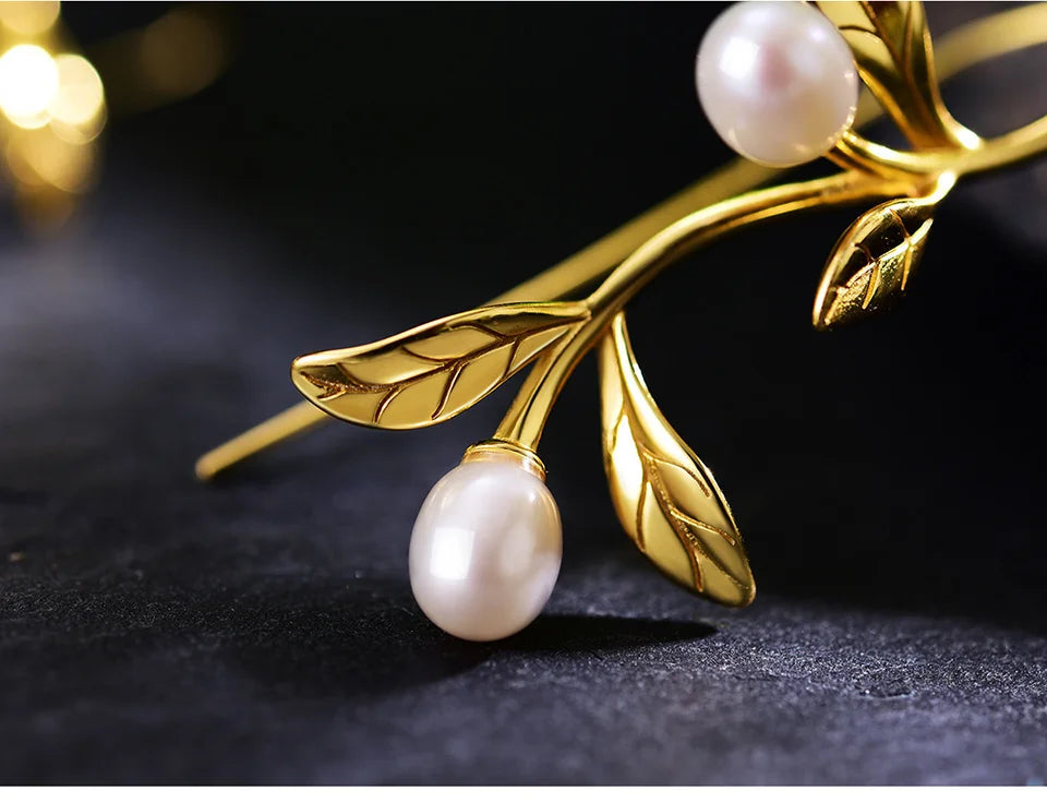 925 Silver Olive Leaves Pearl Drop Earrings – Nature-Inspired Jewelry