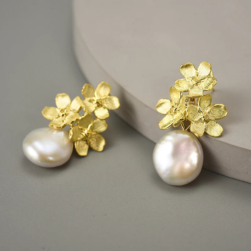 Lotus Fun Forget-Me-Not Flower Pearl Earrings – 925 Sterling Silver Elegance
