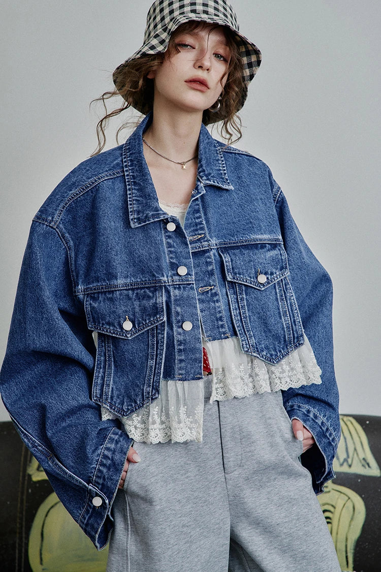 Women’s Vintage Y2K Lace Stitch Short Denim Jacket – ELFSACK Spring Edit