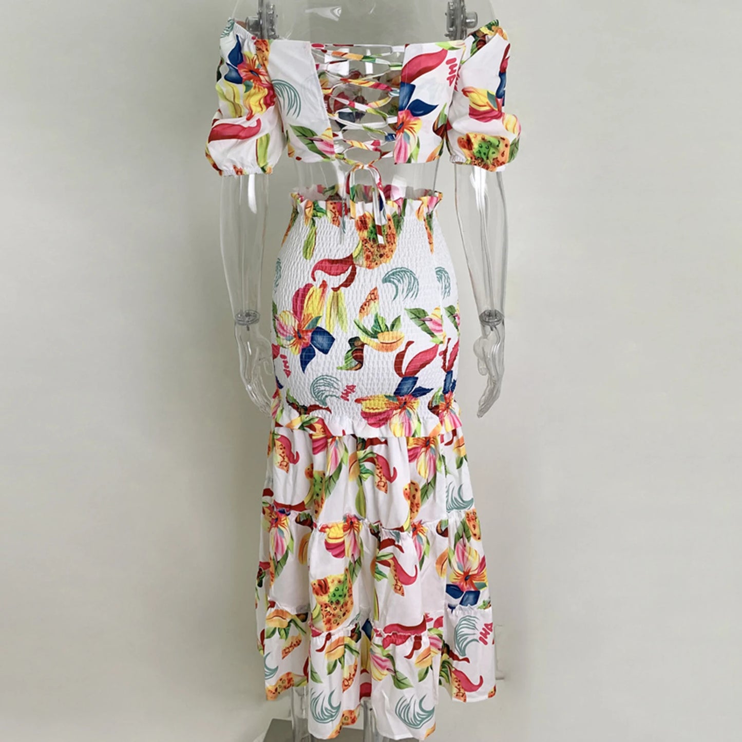 Elegant Floral Print Suit – High Waist Comfortable Dress with Slit for Women