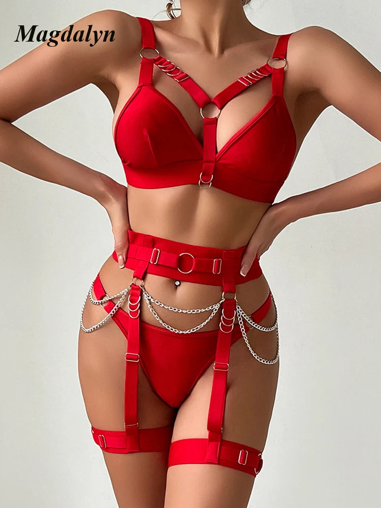 Women’s Erotic 3-Piece Lingerie – Magdalyn Chain Bra, Brief & Bodycon Set